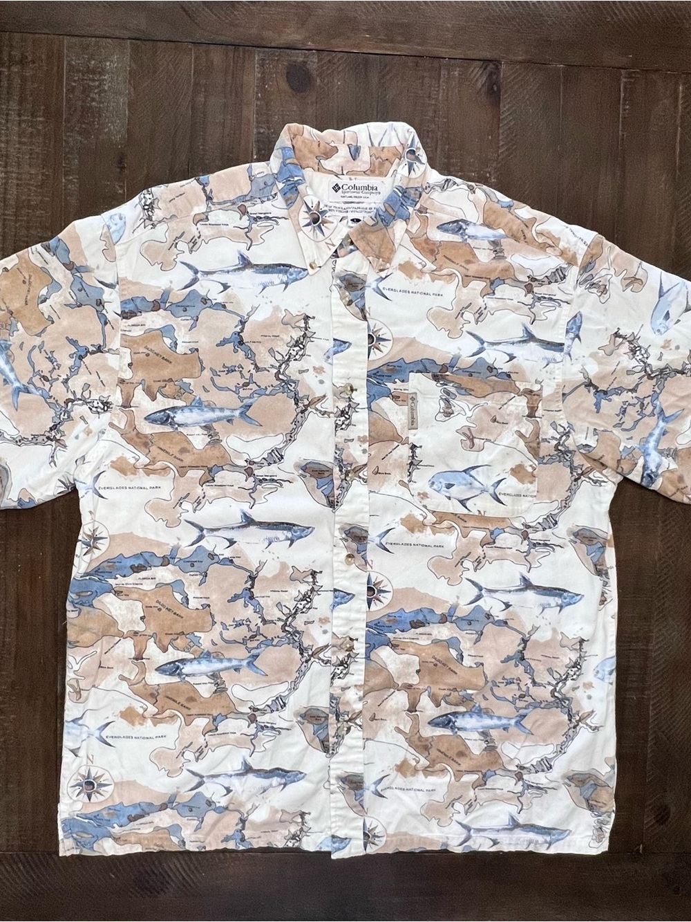 Columbia Men’s L Fish Map Graphic Print Shirt Short Sleeve Button-Down Pockets